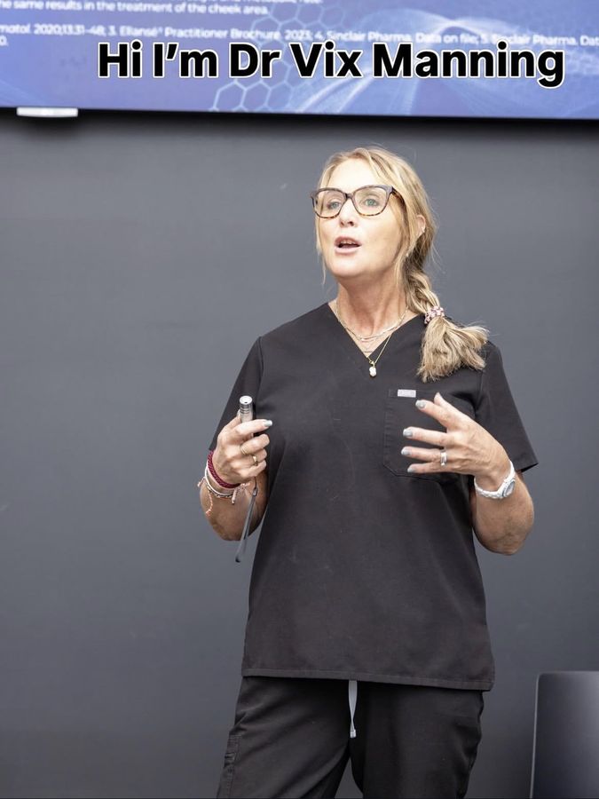 Before: photo of Dr Vix Manning presenting, captioned “Hi I’m Dr Vix Manning”
